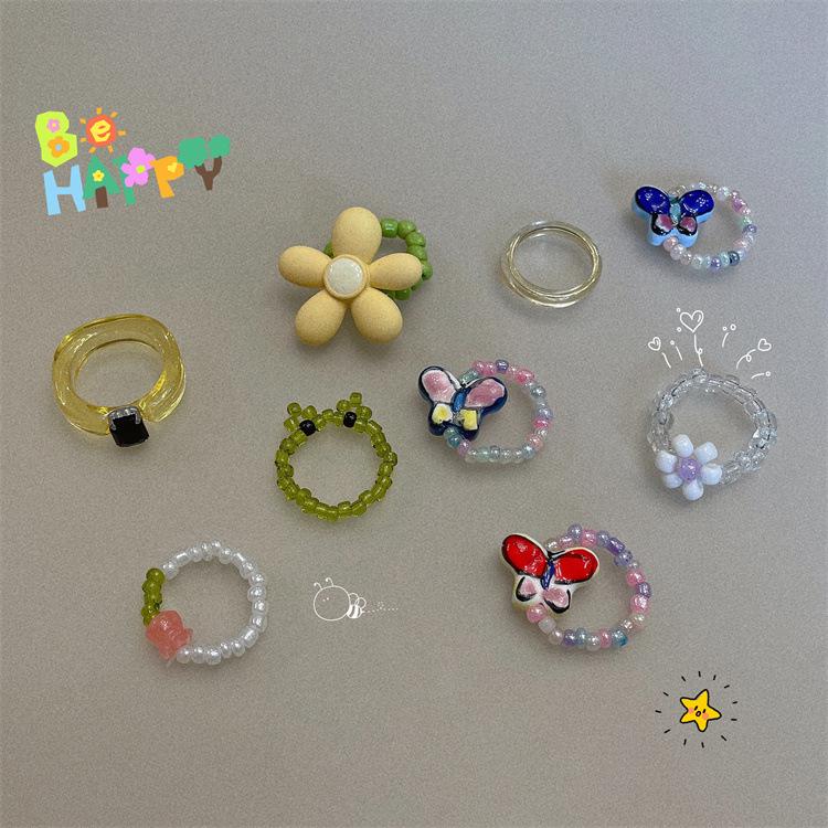 Korean Colorful Beaded Butterfly & Flower Ring for Girls