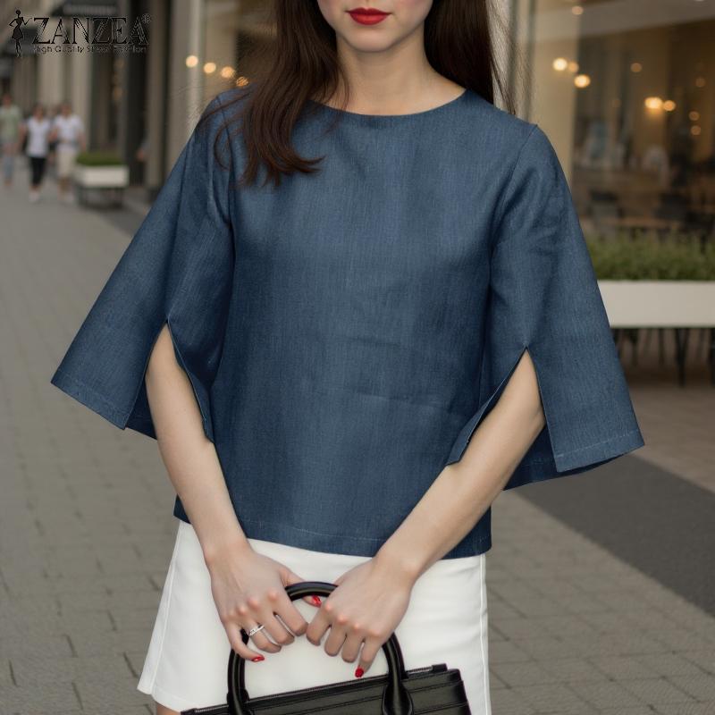 ZANZEA Women Summer Round Neck 3/4 Slit Sleeve Blouses