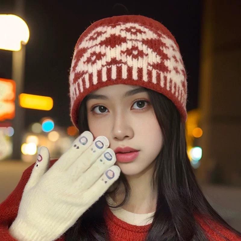 New Niche Design Sense Color Matching Rhombus Grid Knitted Bucket Hat Women's Autumn and Winter Wool Hat Warm Hat
