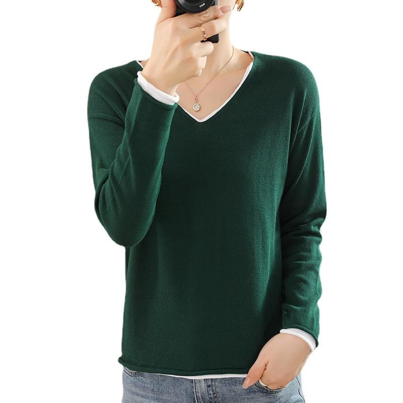 V-neck Cotton Thread Contrast Color Fake Two-piece Sweater Women's Base Shirt Spring and Autumn New Style Loose Knitted Sweater Top