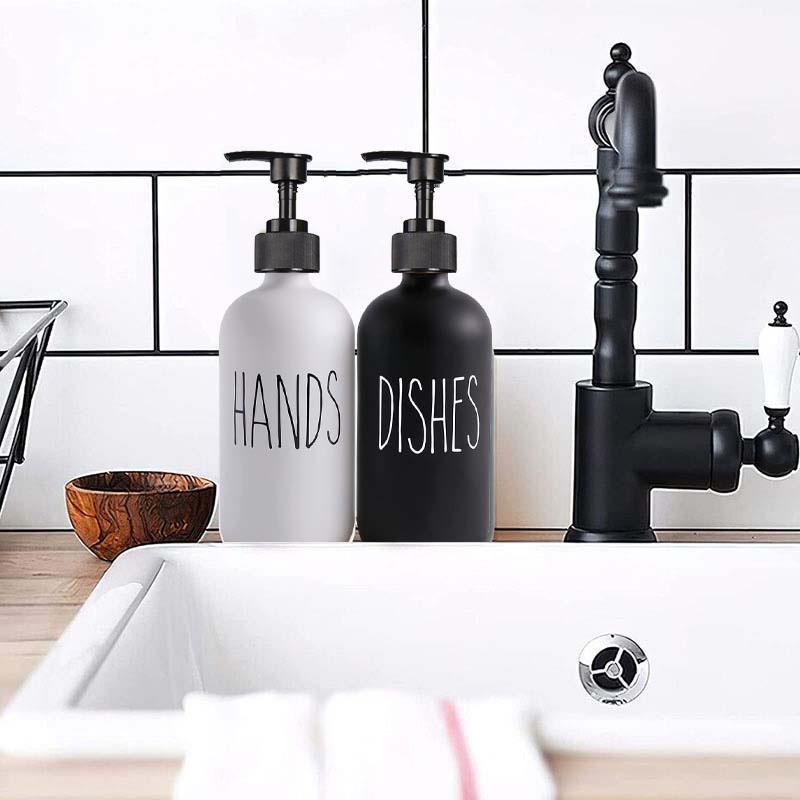 Juego de dispensador de jabón para platos de 500 ml para fregadero de cocina, jabón de manos, platos, detergente, botella de almacenamiento, botellas rellenables, color negro y blanco