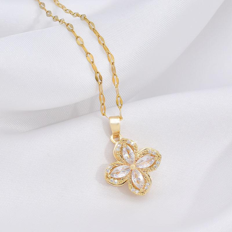 Rotatable Titanium Steel Four-Petaled Flower Necklace, Female Style Fresh And Simple Temperament Inlaid With Zircon Pendant Accessories