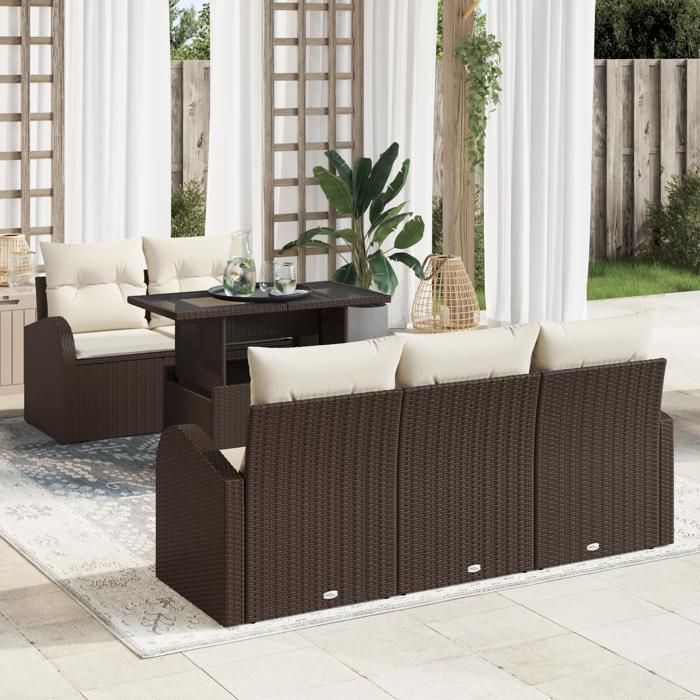 Ensemble de canapé de jardin 6 pièces avec coussins en rotin marron vidaXL, Canapé de jardin 2 places avec rangement et 3357291