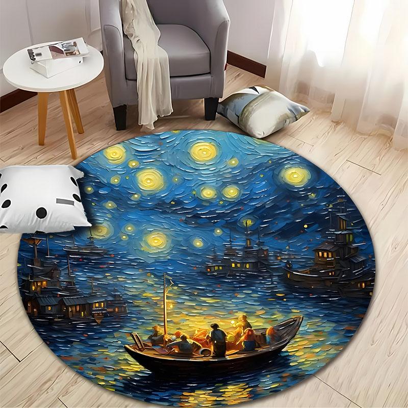 Starry Night Boat Ride Artistic Round Carpet for Living Room round carpet for home sofa bedroom, gift