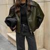 Damen WendeKragen Langarm Jacke Lockerer Schnitt Reißverschluss Kunstleder Mantel Streetwear Moto Biker Oberbekleidung