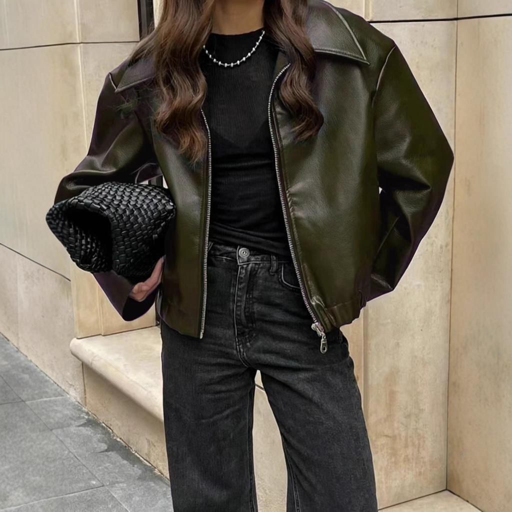 Damen WendeKragen Langarm Jacke Lockerer Schnitt Reißverschluss Kunstleder Mantel Streetwear Moto Biker Oberbekleidung
