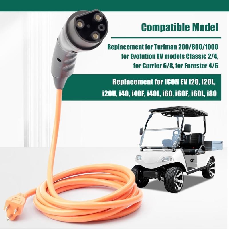 EV Charger Replacement Cord 10ft Length 3 Prong 120V Input Weather Resistant Construction For Multiple Golf Cart Brands