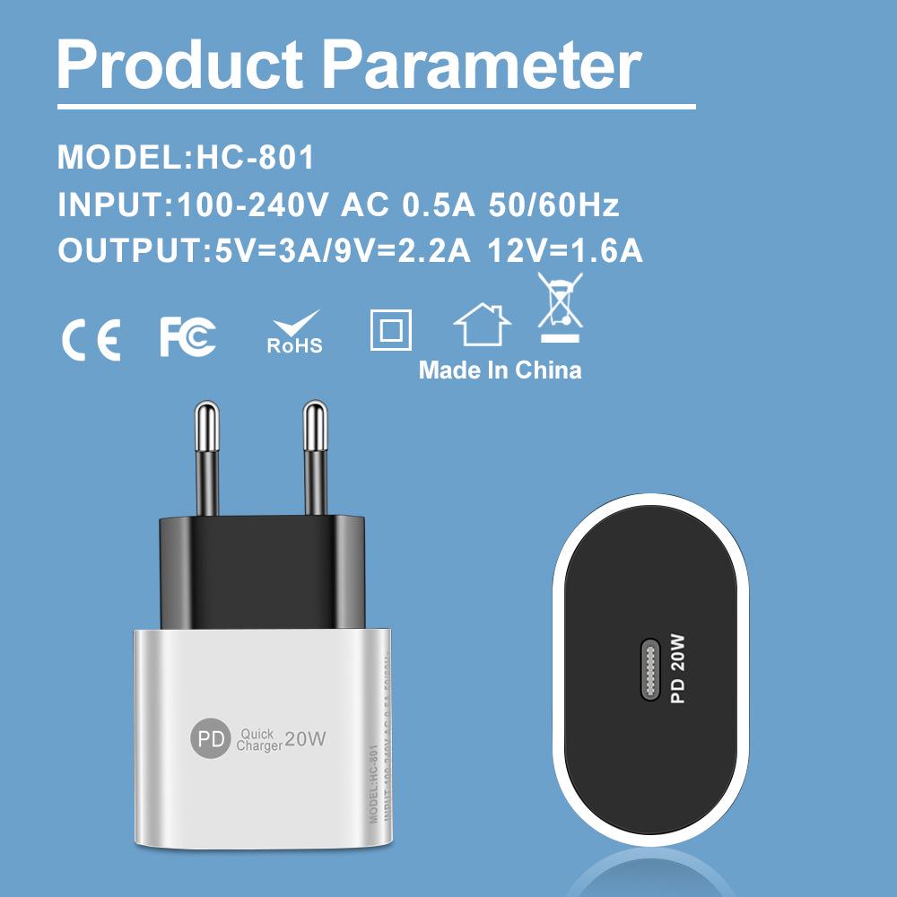 20W PD Fast Charger - EU, US, UK Plug, Single Port