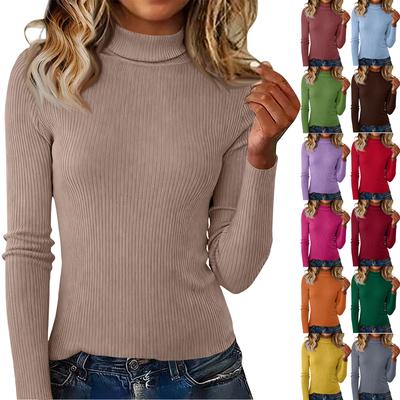 Ladies' Fashionable And Casual High Neck Long Sleeved Solid Color Knitted Top
