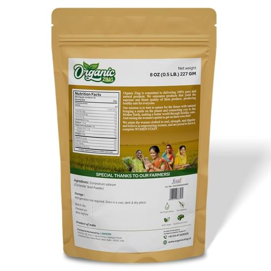 Organic Zing Coriander (Cilantro) Powder (Coriandrum Sativum) for Curries, Pickles | 100% Raw | Vegan | Preservative Free (227g) Resealable Pack