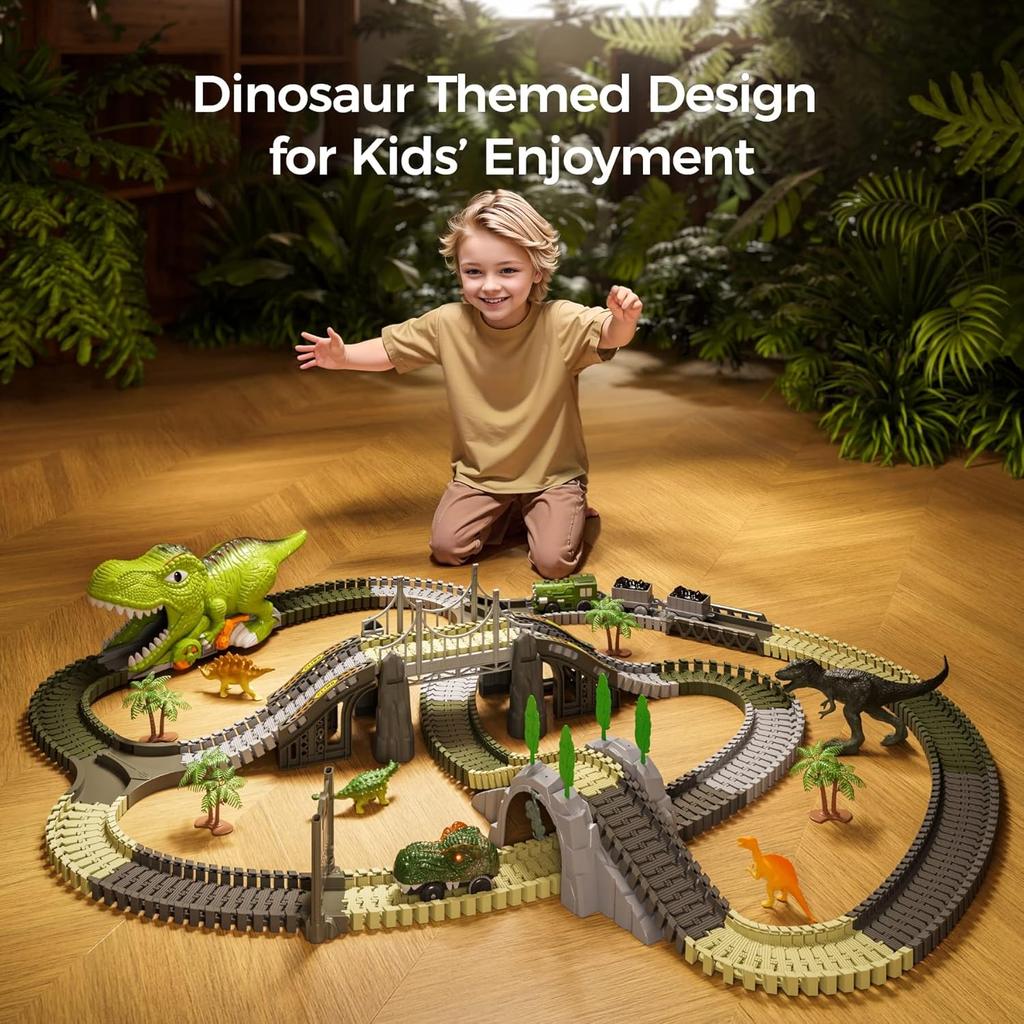 Dinosaur Toy Race Track: 281pcs, Flexible Railways, 4 Dinosaurs, 2 Electric Racing Cars with Lights. Gift for Children 3-6 Years