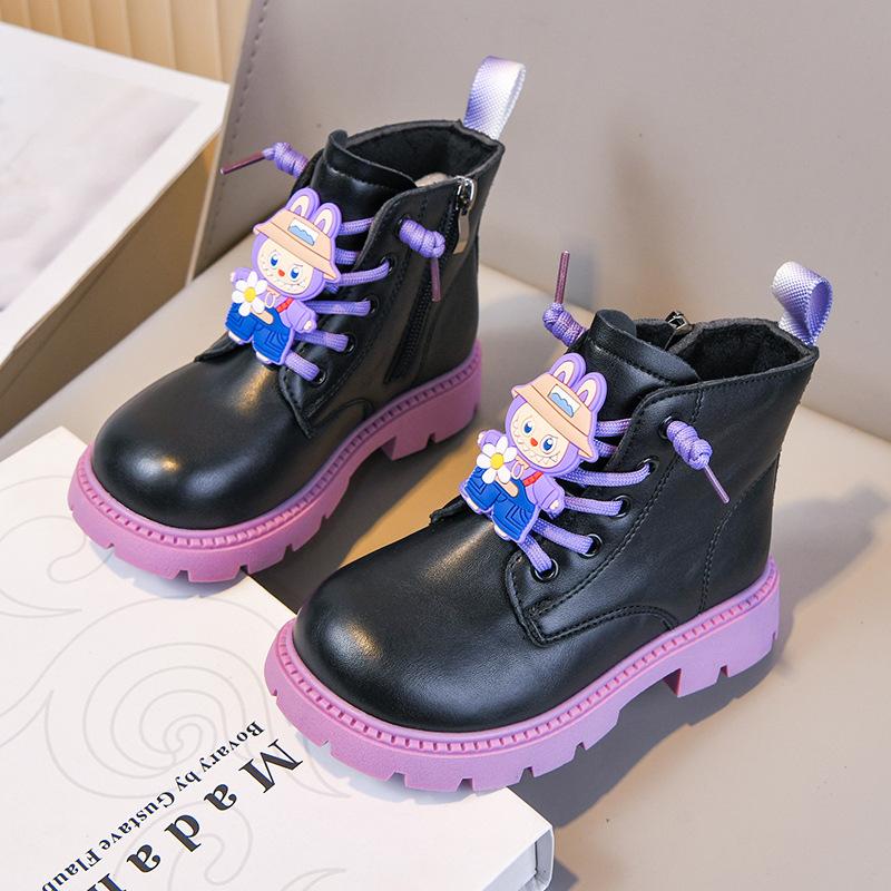 Girls' Martin Boots with Side Zipper, Autumn/Winter Kuromi Princess Style Mid-Calf Boots, Shiny Leather, Waterproof, Soft Sole, Fashion Shoes for