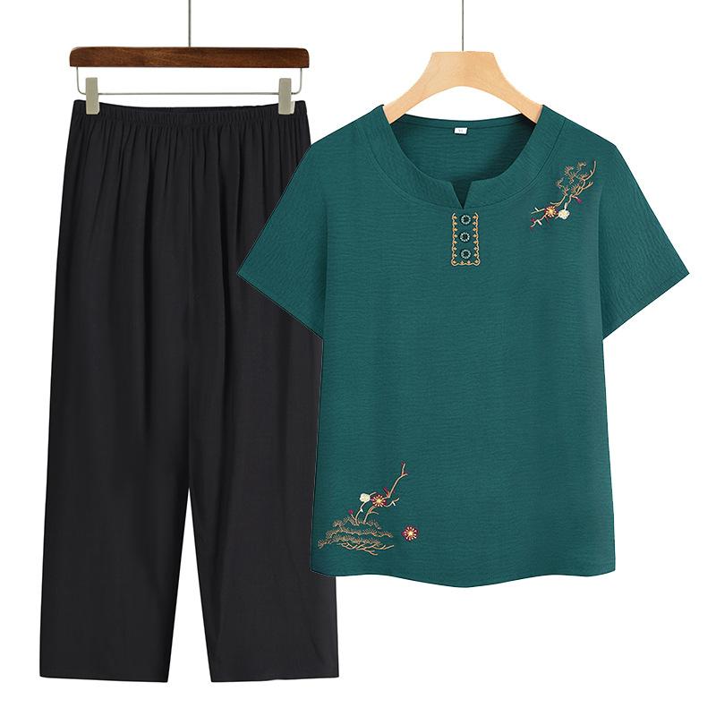 Middle-aged and Elderly Spring and Summer Clothing Casual Thin Short-sleeved + Seven Trousers Two Piece Suit