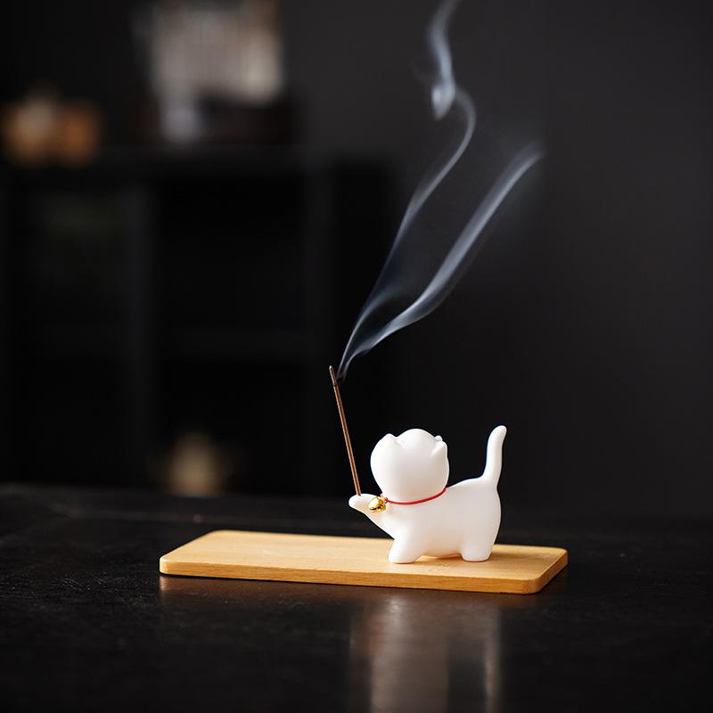 Cute Cat Incense Burner Stick Holder Mini Lovely Cat Incense Burner With Bamboo Mat Home Decor Tea Pet Tea Ceremony Accessories