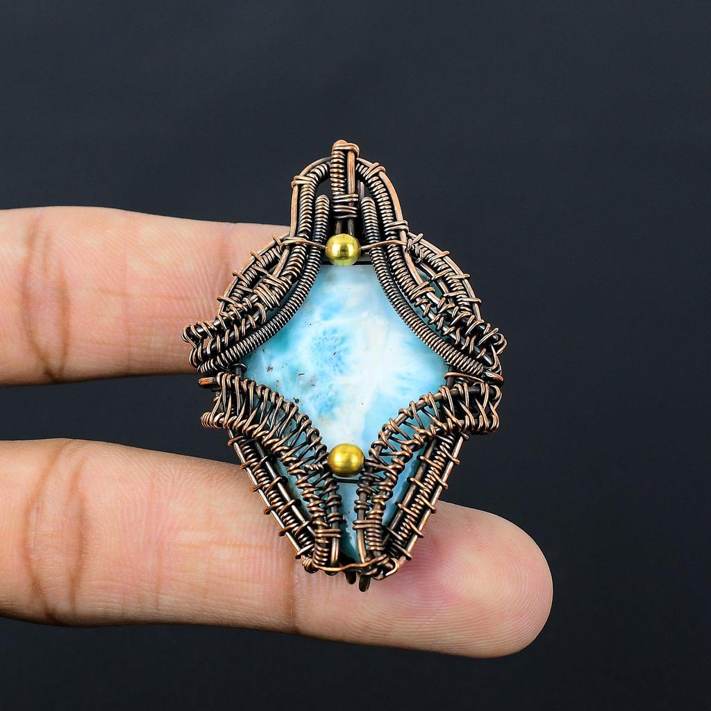 Hemimorphite Gemstone Pure Copper Wire Wrapped Handmade Jewelry Pendant For Gift