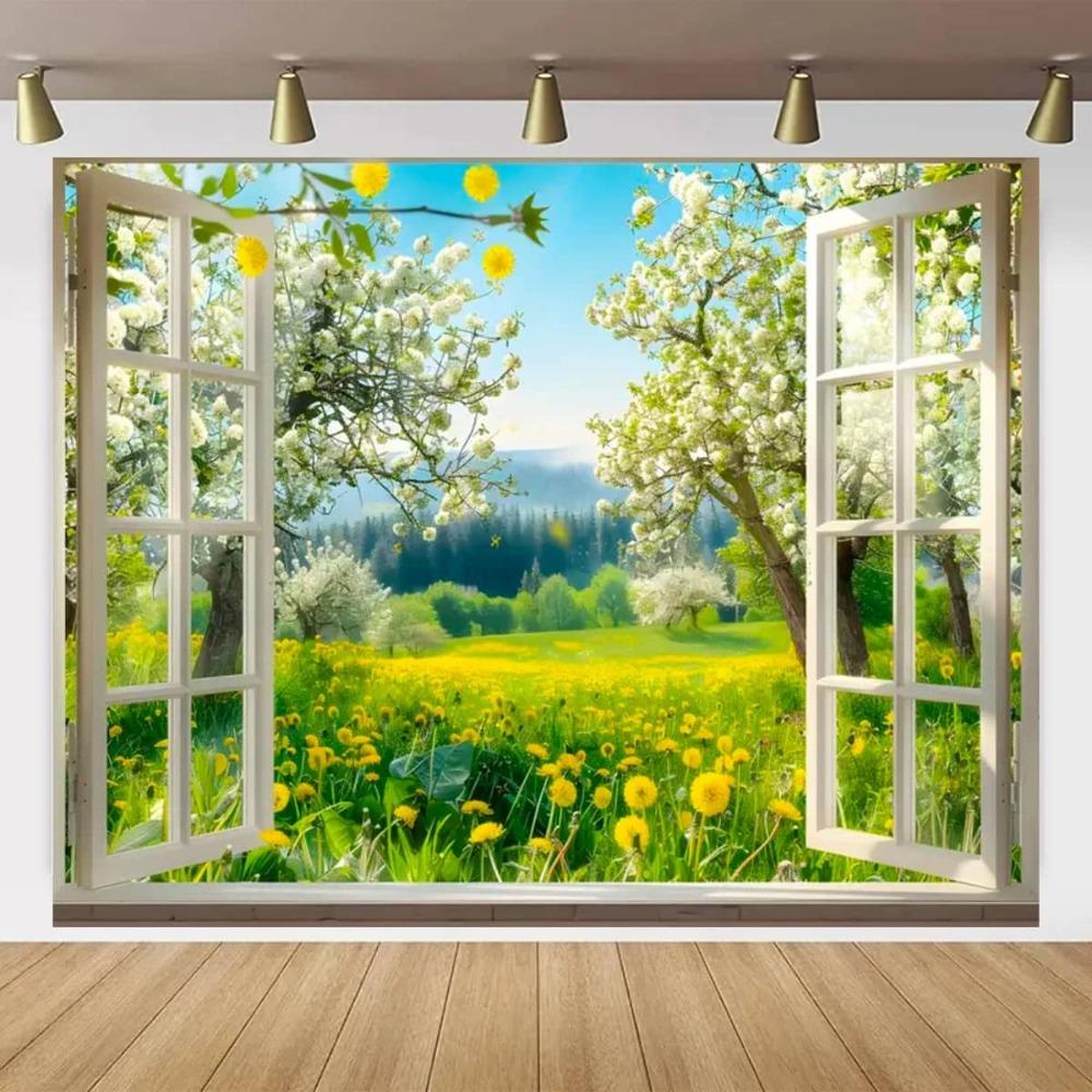 Spring Photography Backdrop Garden Landscape Outside The Window Back Drop Flowers Blooming Decor Backgroud Photo Booth Props