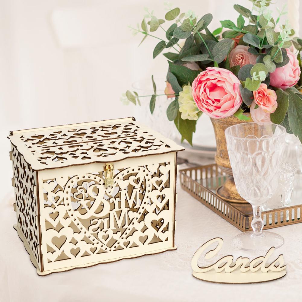 Wedding Card Box DIY Wedding Gift Wooden Money Storages with Lock Decoration Supplies for Birthday Party Guest