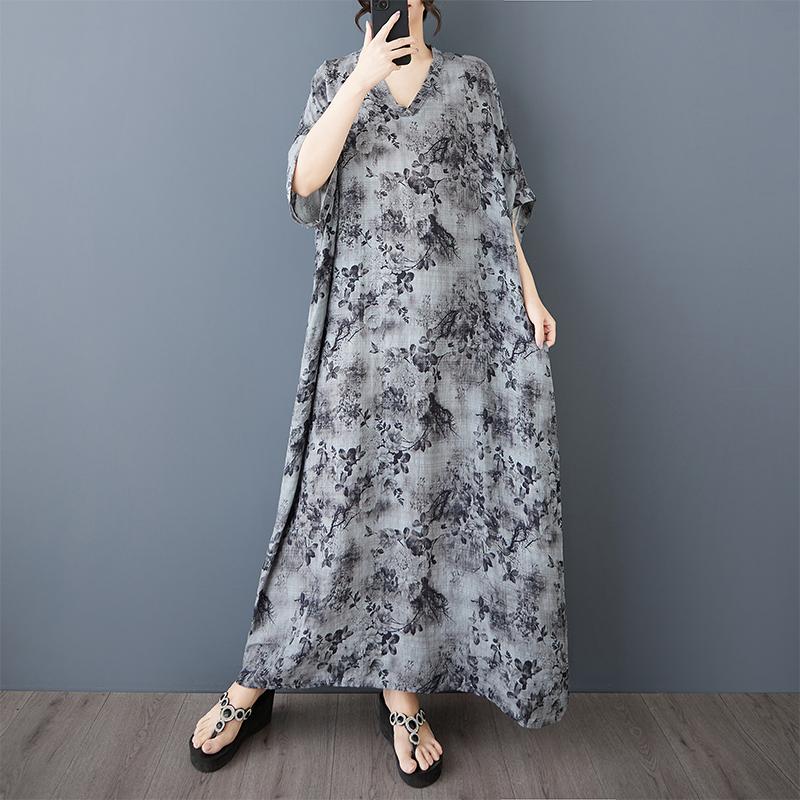 

DIMANAF 2025 Summer Women Plus Size Dress Casual Dress V-Neck Loose Vintage Floral Printing Basic Long Dress Maxi One Size серый
