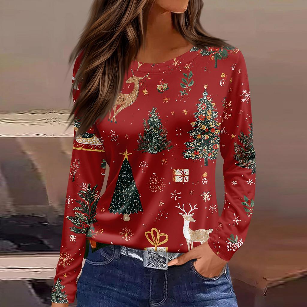 Women's Fashion Casual Slit Hem Round Neck Long Sleeve Loose Christmas Printed T-Shirt Ladies Top