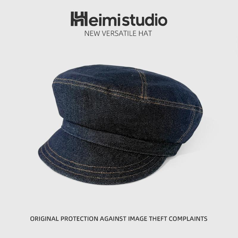 25 Early autumn new stitching dark denim newsboy hat children's high-quality face small soft brim newsboy hat tide
