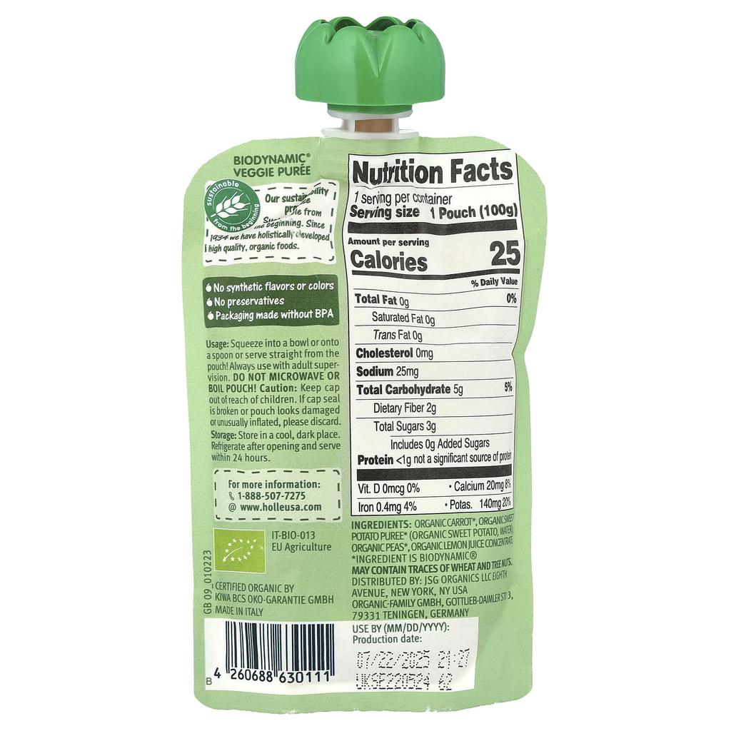 Holle, Organic Veggie Puree, Veggie Bunny, 6 months+, Carrots and Sweet Potatoes with Peas, 3.5 oz (100 g)