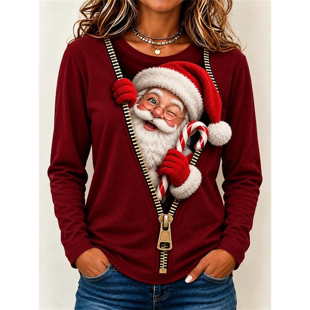 Women’s Christmas Long-Sleeve Pullover Santa Claus Snowflake Print Crew t