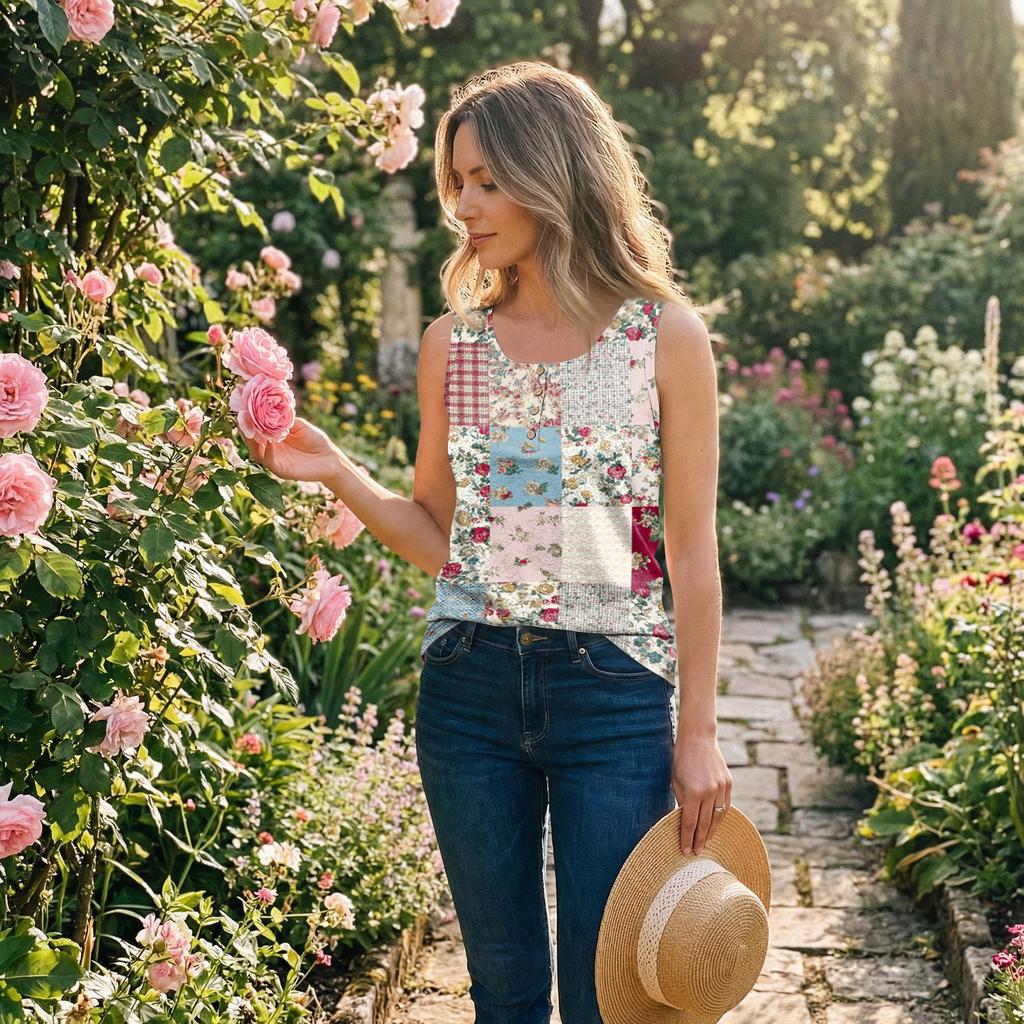Women Sleeveless U Neck Button Detail Floral Print Casual Tank Top Lightweight Summer Blouse Patchwork Design