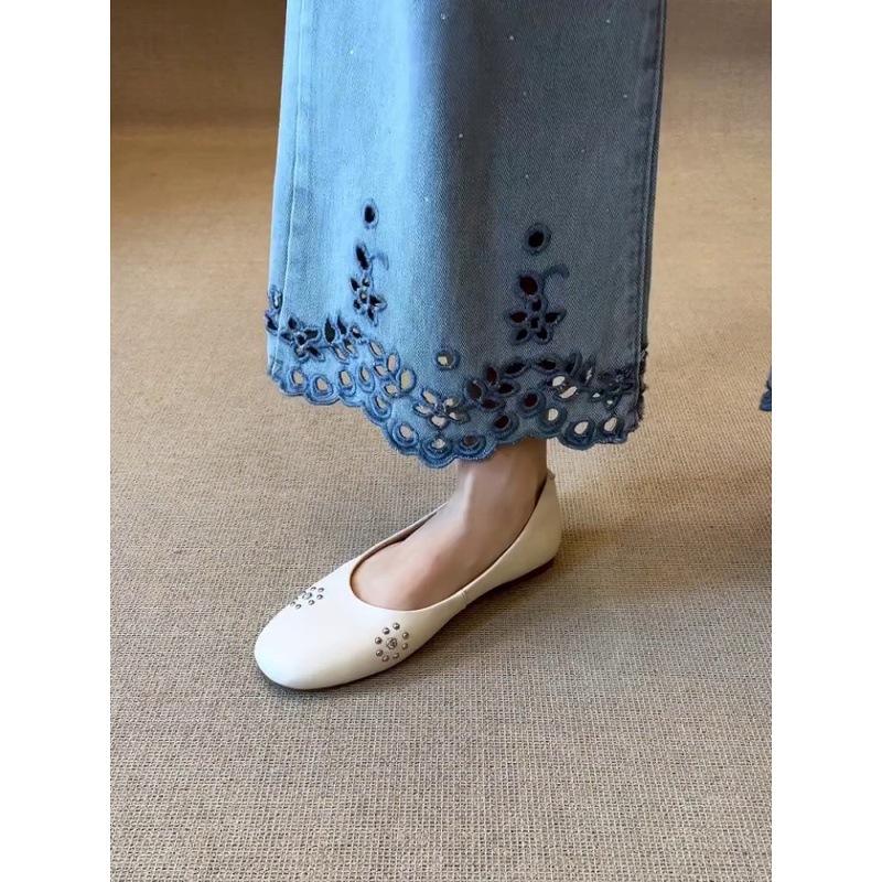 Sheepskin Version, Rivet, Niche Design, Round Head Leather, Shallow Mouth Single Shoes, Fairy Style Temperament, Rhinestone Ballet Flats