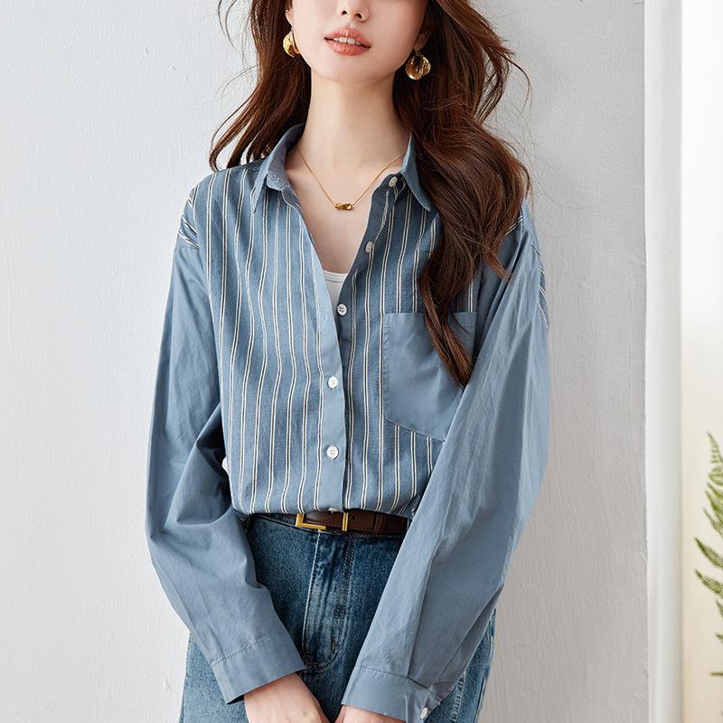 

Ретро синяя полосатая рубашка для женщин с длинным рукавом весенний наряд новый дизайн топ литературный темперамент рубашка M синий