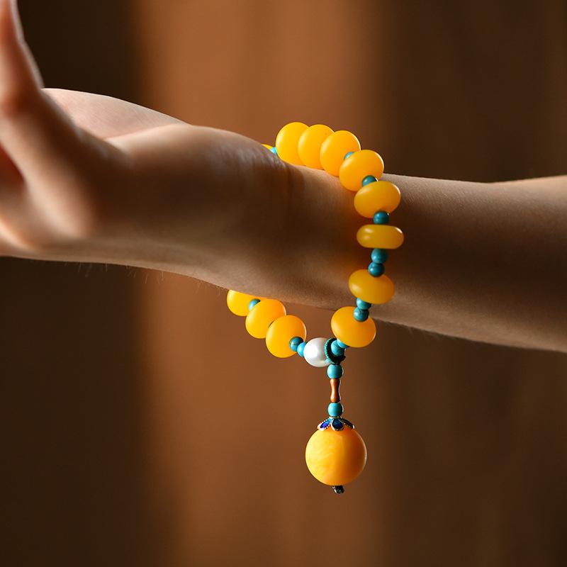 Vintage Bohemian Beeswax Bracelet, Chicken Oil Yellow Single Circle Turquoise Multi Treasure Bracelet Pendant, Temperament Accessory for Women