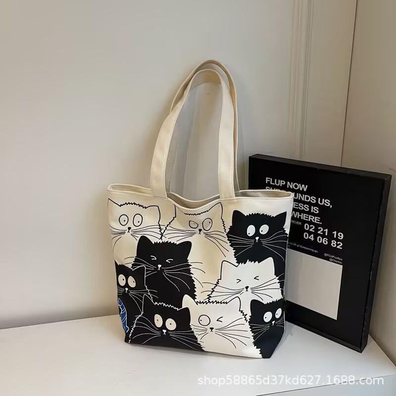 Handbag Shopping Bag Cute Cat Print Women's Handbag Linen Tote Bag Printed Logo Casual Travel Beach Bag