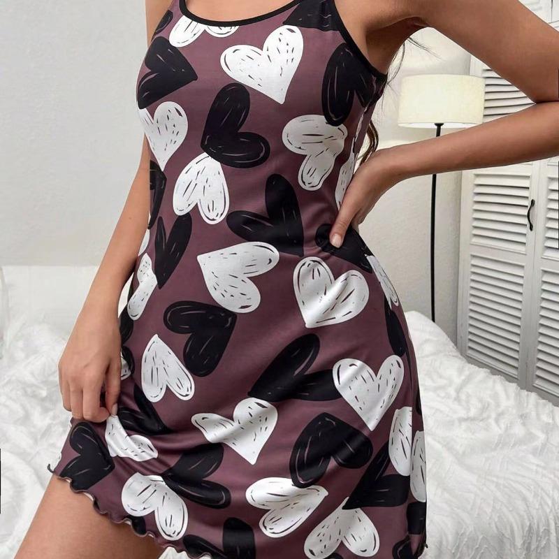 Sexy Heart Print Women's Nightgown Casual Style Spaghetti Strap Slip Dress Breathable Fabric Summer Sleepwear Loungewear Comfy