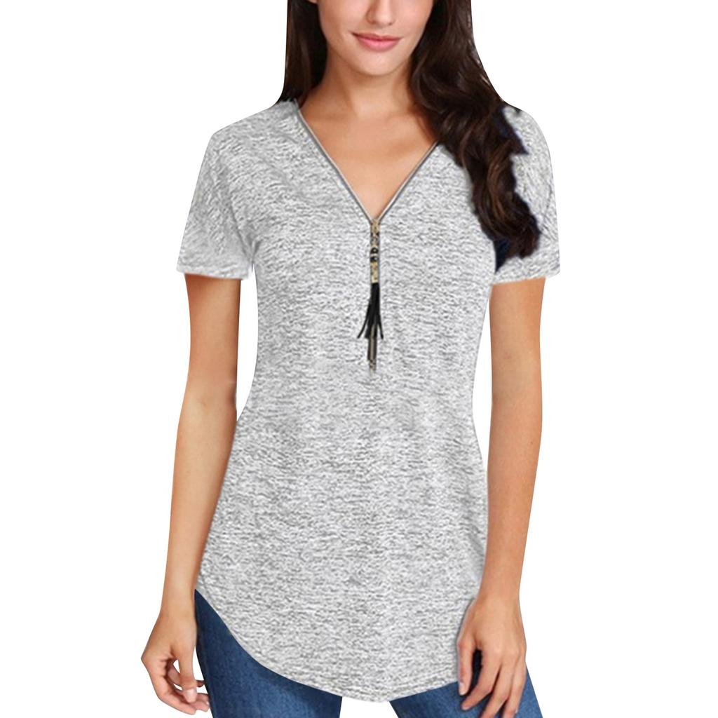 Women's Fashion Summer V-neck Tassel Zipper Color Short Sleeve Pullover T-shirt Top