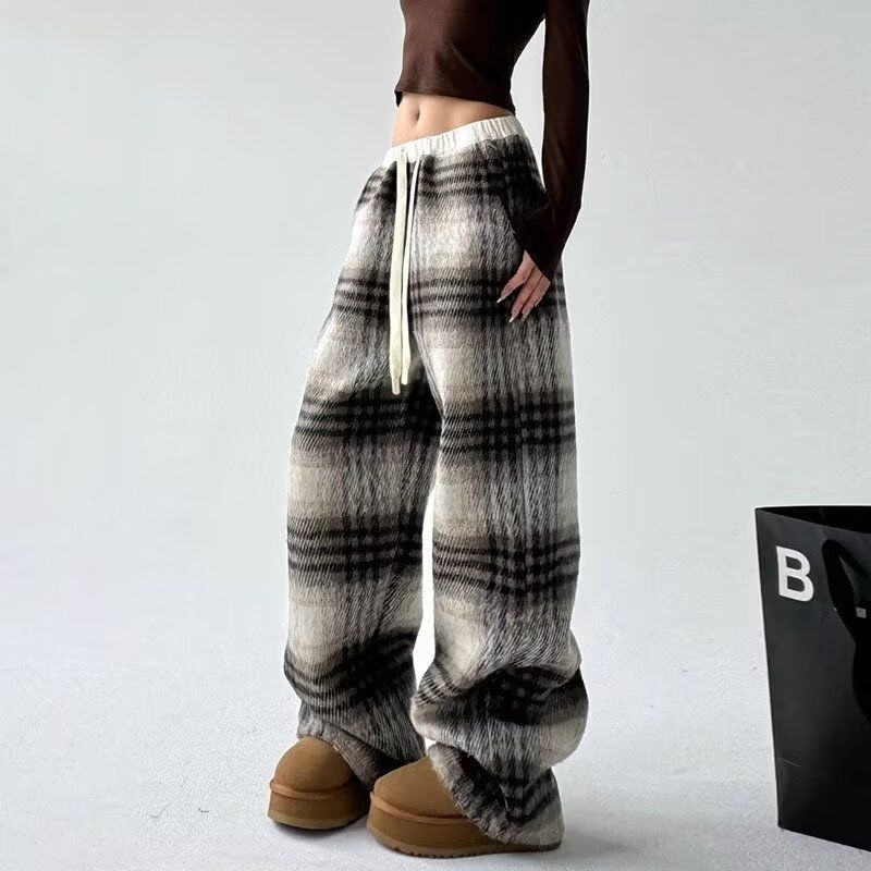 

Plaid Wide-leg Pants for Women in Autumn Winter New Style Lazy Drape Loose Straight Casual Pants S серый
