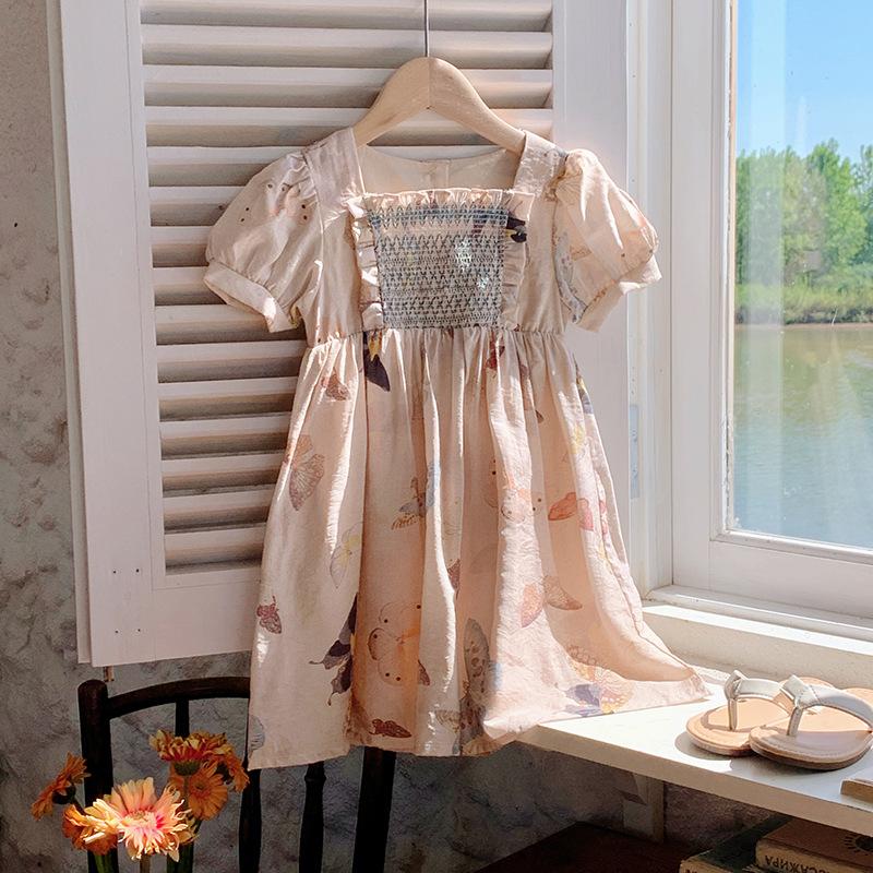 Girls Summer Butterfly Print Dress Smocked Puff Sleeve Short Sleeve Stylish Children Skirt 90cm