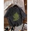 2026 Vintage Washed T-shirt with Fern Leaf & Botanical Print - Soft Relaxed Fit Short Sleeve Round Neck Casual Daily Wear Cool Top