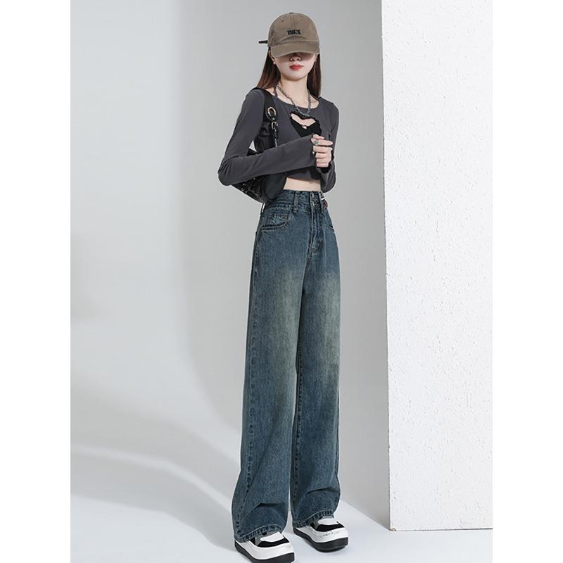 Fleece Straight Wide-leg Jeans Women's Spring and Autumn New Small High-waisted Loose Pants Winter