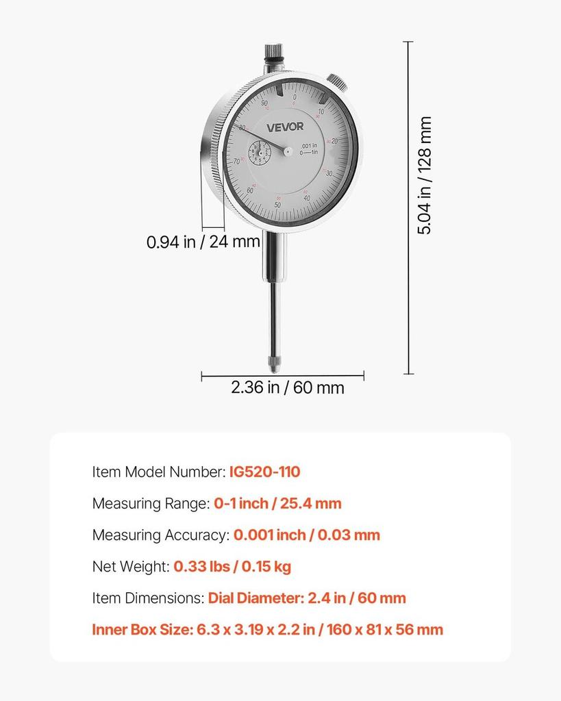 Dial Test Indicator, 0.03 Mm Accuracy, 0-25.4mm Measuring Range, Easy To Read Large Dial, Professional for Internal Diameter Measurement, Runout