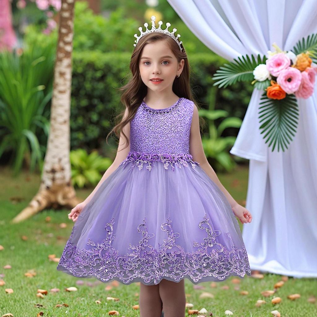 Vit ärmlös prinsessklänning med pärlor och puffig tyllkjol för småbarn 981