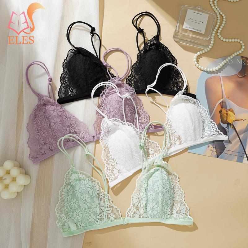 Sutiã de Renda Ultrafino com Botão Frontal Copa Triangular Francesa Seios Pequenos Sem Aro de Aço Desejo Puro Alça Fina Costas Lindas