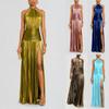 Metalen Halter Nek Lange Jurk met Hoge Split