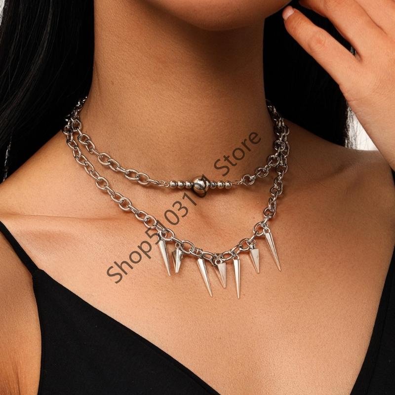 Punk Gothic Studded Rivet Spikes Necklace Two Layers Vintage Choker Hip Hop Necklace For Party Valentine's Day Lovers Gift