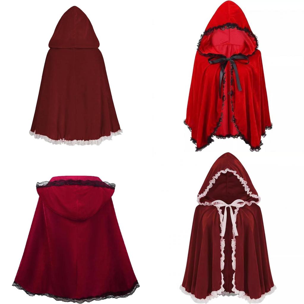 Elegant Red Velvet Hooded Cape For Women With Ruffled Lace And Frill Edges For All Seasons