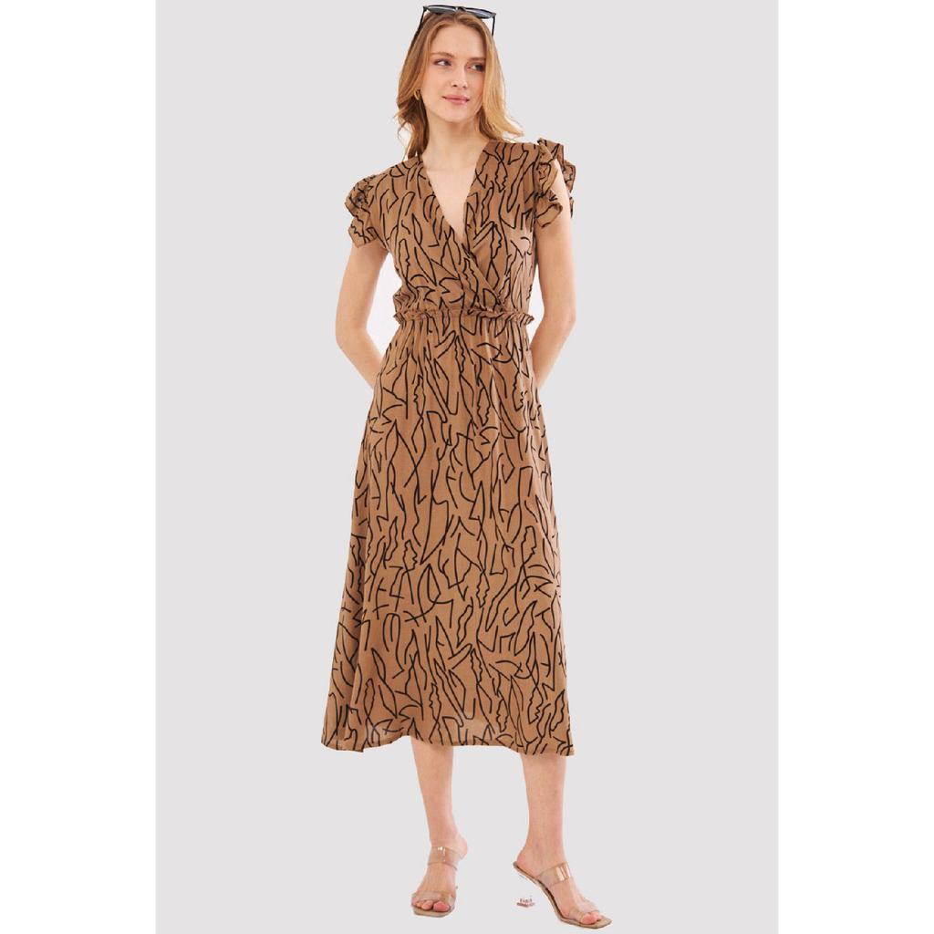 Vestido midi beige para mujer, cuello cruzado, volantes en los hombros, cintura elástica, largo midi, mangas 24y001020