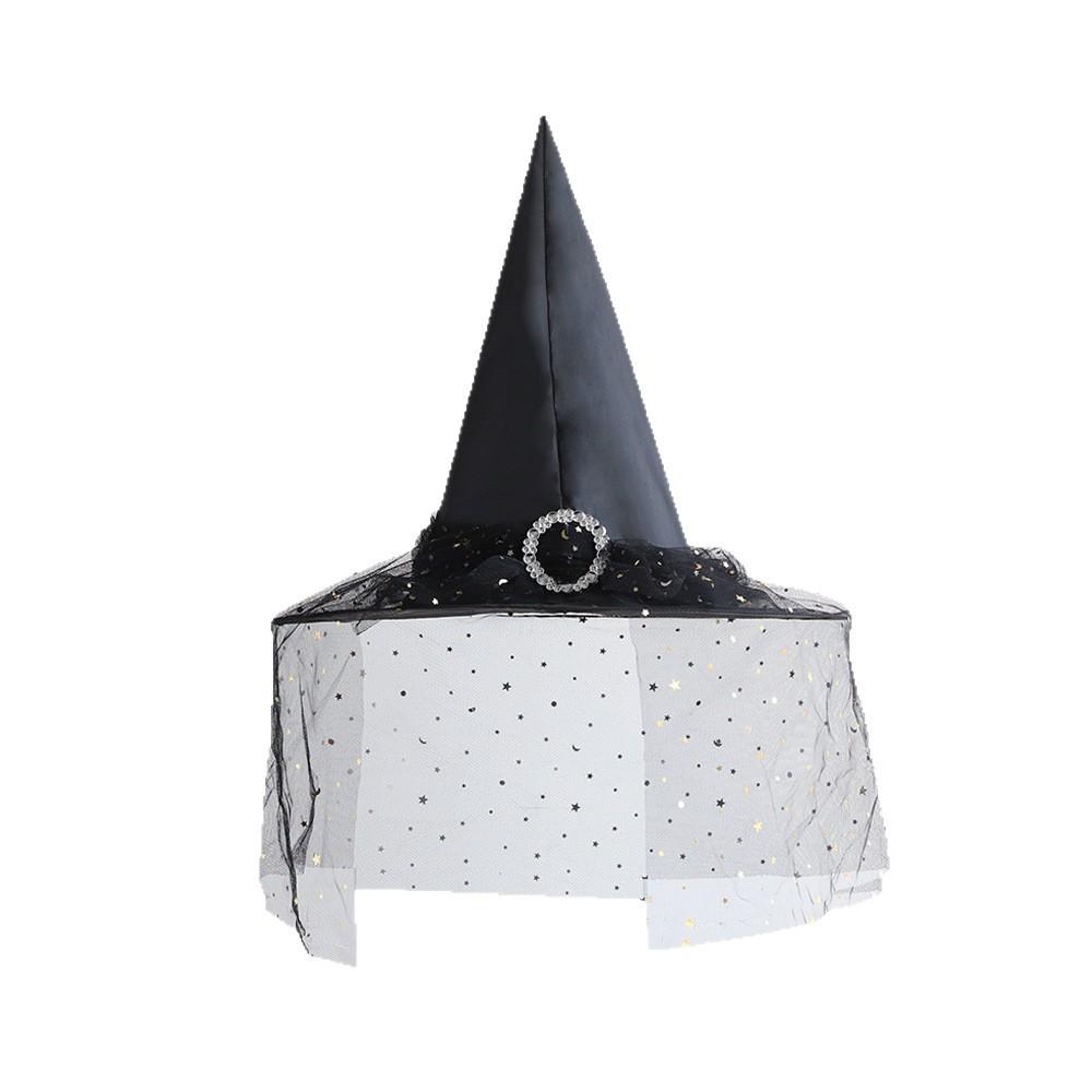 Halloween Witch Hat with Silver Buckle  Veil Kids Adult Cosplay Costume Prop Spooky Party Headwear