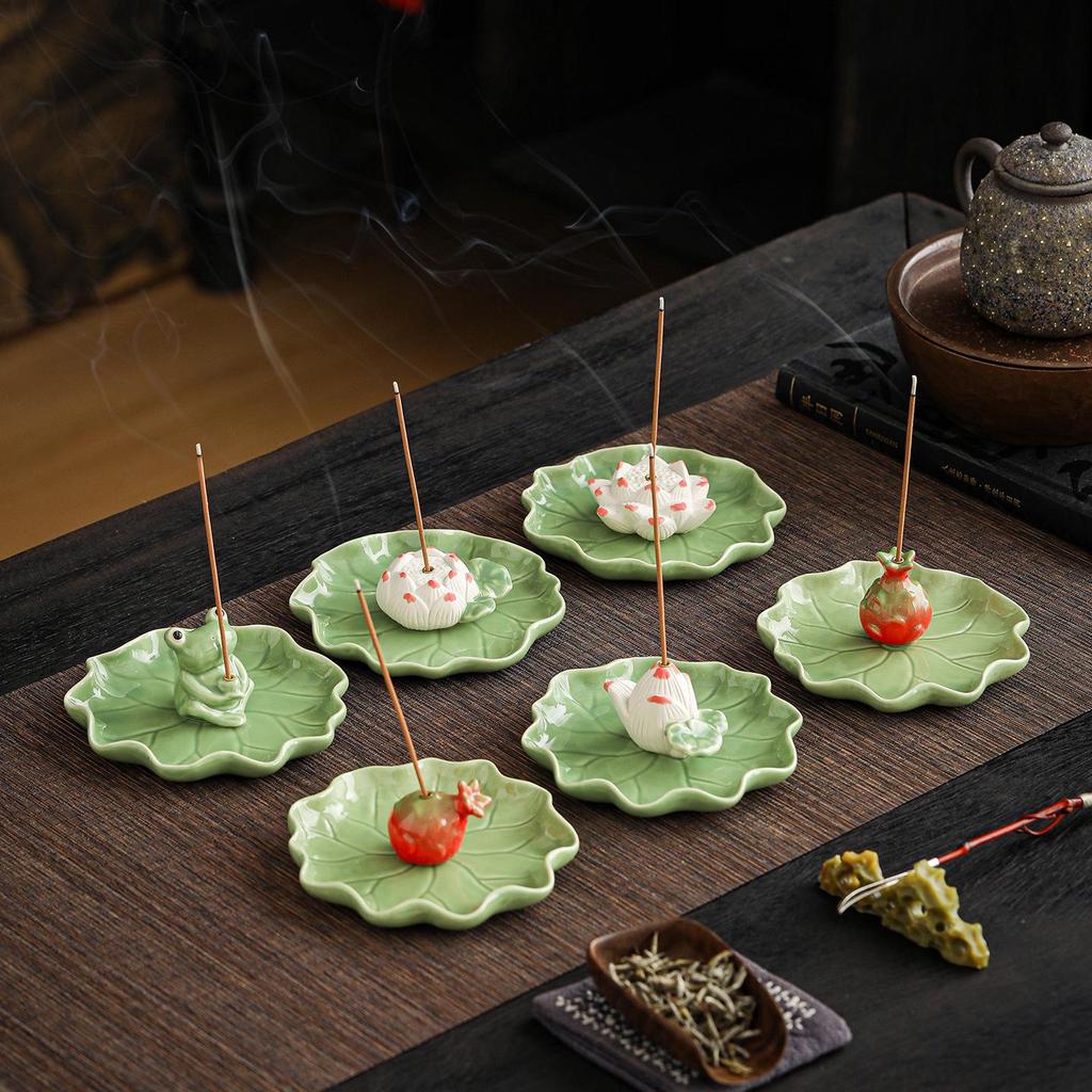 New Ceramic Lotus Incense Holder with Frog Ornament In Fresh Colors