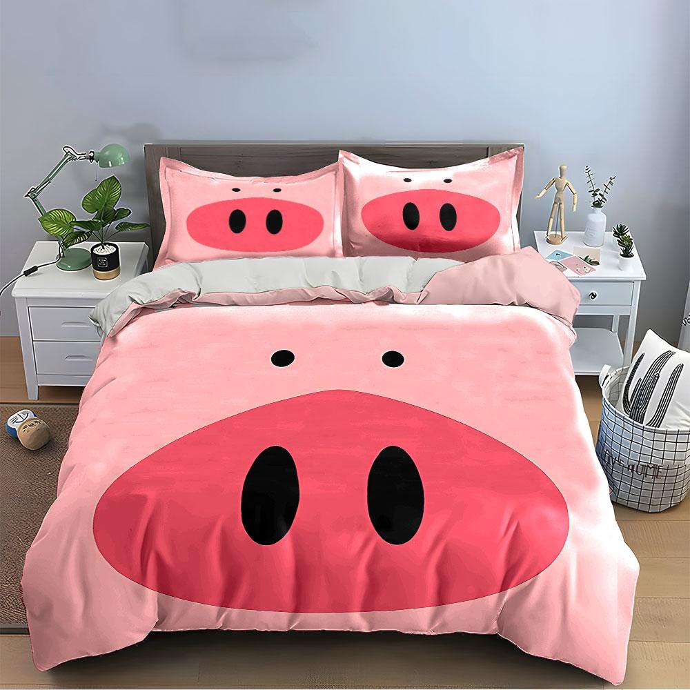 Cute Pink Pig Face Design Bedding Duvet Cover Set Duvet Cover Pillowcases  (1*Duvet Cover 2*Pillowcases, Without Duvet Insert)