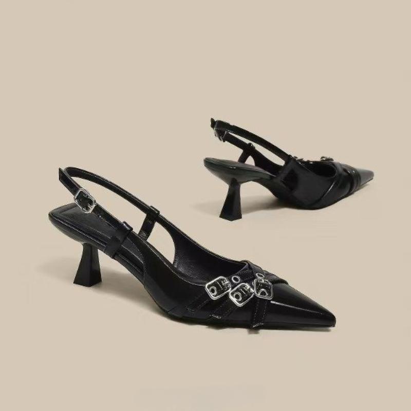 Mode 2025 Französischer Stil Gürtelschnalle Weinrote Sandalen Sommer Retro Lackleder Society-Temperament Spitz Schwarz Hohe Absätze