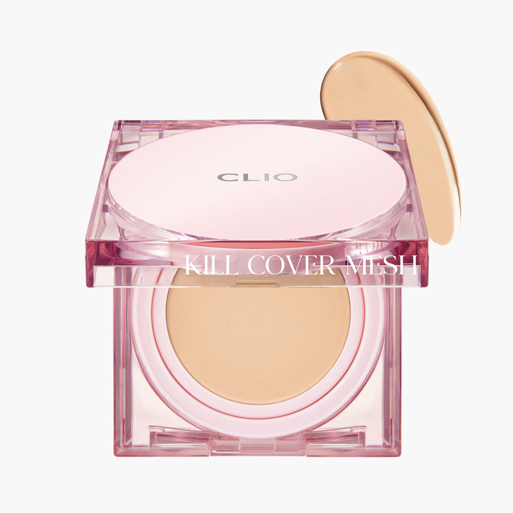 Clio Kill Cover Mesh Glow Cushion Foundation 15g+15g wkład szklana cera, długotrwały, lekki, możliwość budowania krycia, makijaż cery z blaskiem