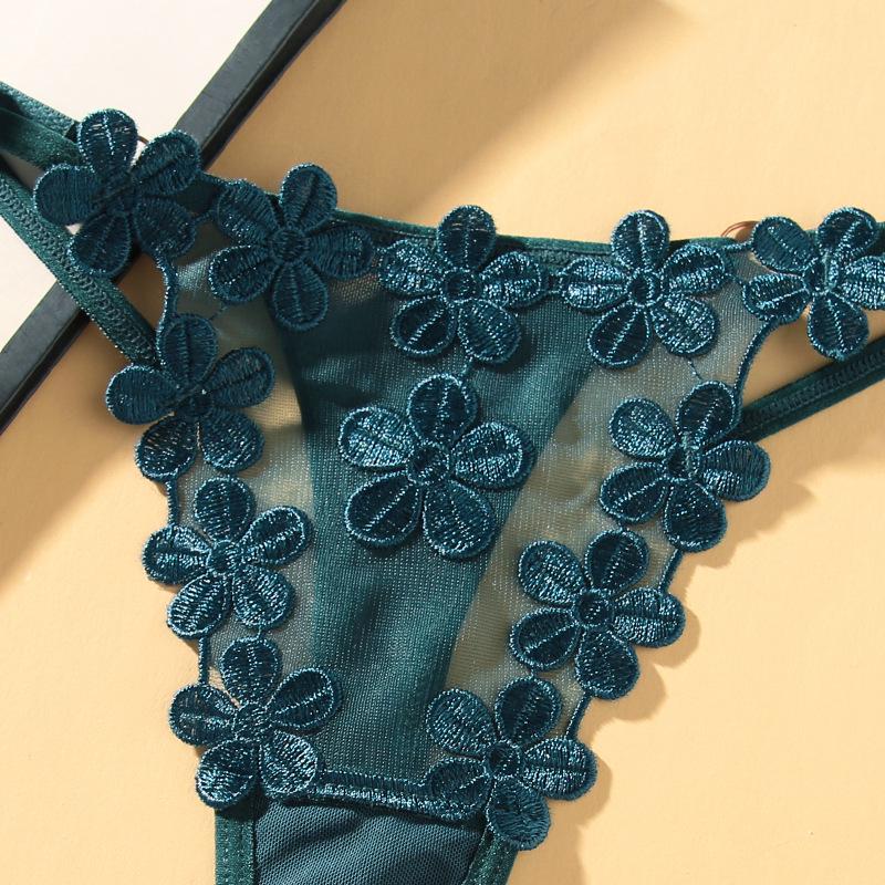 Plus Size Floral Embroidered Thong with Metal Buckle & Adjustable Straps